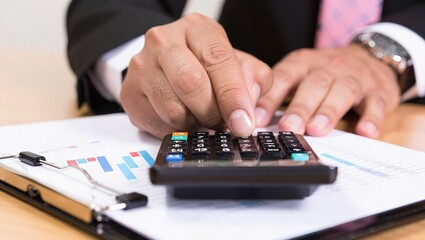 Business professional calculating financial data with calculator.