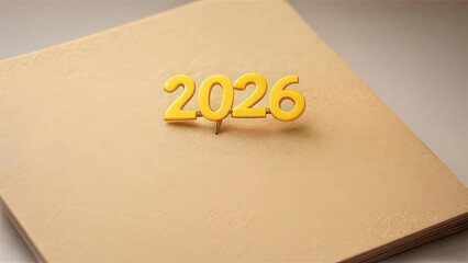 "Yellow 2026 numbers pinned on a corkboard with shadow, concept for new year, planning, and future goals"