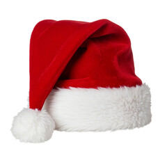 Classic red santa hat with white fur trim and pom pom for festive holiday celebrations isolated on transparent background