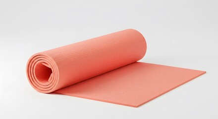 A rolled-up yoga mat in coral color, ready for use. Its texture and form suggest comfort and flexibility.