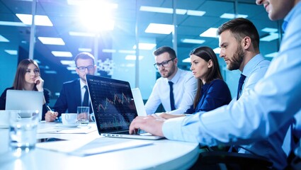 Business professionals collaborating in a modern office setting.