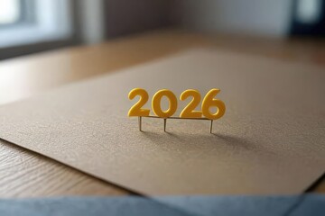 "Yellow 2026 numbers pinned on a corkboard with shadow, concept for new year, planning, and future goals"