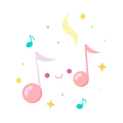 Cute musical notes with smiling faces surrounded by colorful confetti and stars celebration music