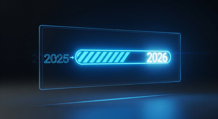 A futuristic neon progress bar displays the transition from 2025 to 2026 on a dark background with blue glowing lines and numbers.