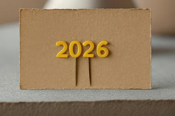 "Yellow 2026 numbers pinned on a corkboard with shadow, concept for new year, planning, and future goals"