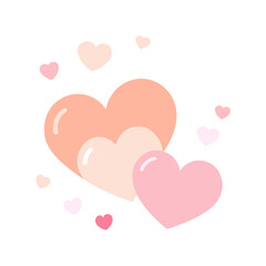 Illustration of hearts in various shades of pink peach and light rose colors on white background representing love