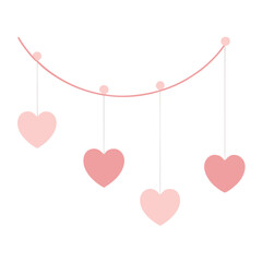 Hanging heart decoration element in pink shades for valentines day celebration or wedding decor backdrop