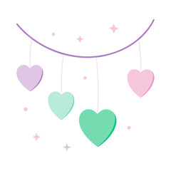 Cute hearts hanging on a string with sparkling stars vector illustration for Valentines day greeting card