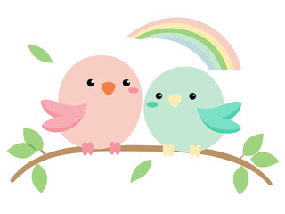 Two adorable pastel birds perch on a branch under a soft rainbow illustration