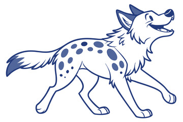 Cartoon Spotted Hyena Walking Happily with Blue Outline on White Background