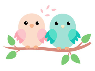 Two cute cartoon birds sitting on a branch with spring blossoms in the air illustration