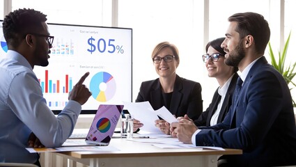 Business team discussing financial data and strategies during a meeting.