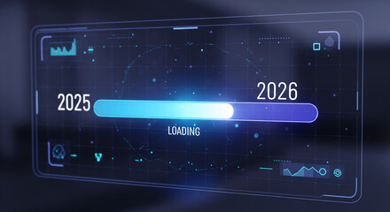 Loading Screen A Digital Interface Showing Progress from 2025 to 2026 with a Progress Bar in Focus