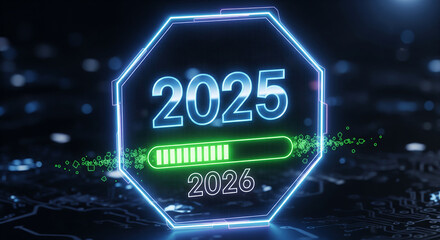 Dynamic neon display showcasing the transition from 2025 to 2026 with a vibrant green loading bar on a high-tech circuit background, symbolizing temporal progression and future readiness