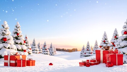Snowy forest with decorated trees, red and white gifts, falling snowflakes, and warm sunrise glow.