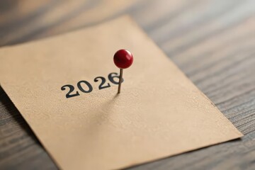 "Red 2026 numbers pinned on a corkboard with shadow, concept for new year, planning, and future goals"