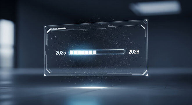 Abstract digital progress bar showcasing the conceptual transition from 2025 to 2026, symbolizing future growth, technological evolution, and the relentless advance of time