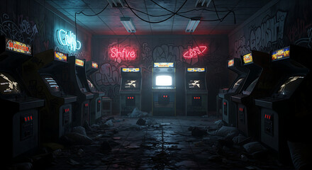 Enter the retro arcade: A nostalgic haven with vintage machines, perfect for gaming enthusiasts and those seeking a vibrant, classic atmosphere