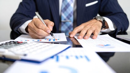 Businessman working on financial documents with calculator.