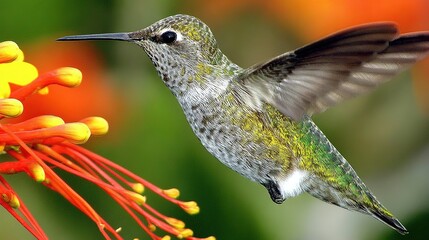 Fototapeta premium hummingbird. A hummingbird hovers near a red flower, its wings moving fast against a green background. wildlife magazines, conservation campaigns, designed for nature documentaries and education.
