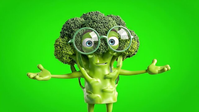 Animation A cartoon broccoli character wearing glasses and shrugging with its arms outstretched against a green background.