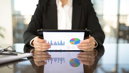 Businesswoman analyzing financial charts on a tablet computer screen.