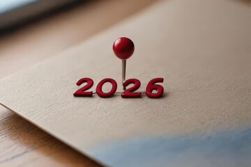 "Red 2026 numbers pinned on a corkboard with shadow, concept for new year, planning, and future goals"