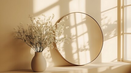 Oval mirror and dried flowers on a table isolated on white background