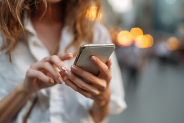 Close-up of hands typing on a mobile phone, interact with technology. People use smartphone. Girl holding and using a phone, blurred city background. Point finger touch the device screen. Online wi-fi