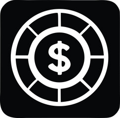 White dollar sign inside casino chip symbol graphic represents gambling money transactions and financial success icons