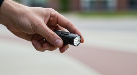Person installing a powerful LED flashlight on the handlebars of a bicycle for nighttime visibility.Concept of cycling safety and accessory installation.