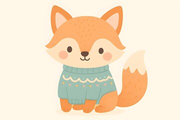 Obraz premium Cute fox in a teal knitted sweater, smiling with rosy cheeks on a clean light background soft pastel autumn illustration with a cozy minimalist style.