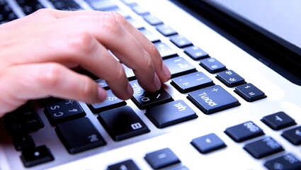 Close up of a hand typing on a black laptop keyboard.