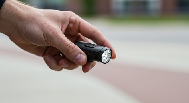 Person installing a powerful LED flashlight on the handlebars of a bicycle for nighttime visibility.Concept of cycling safety and accessory installation.