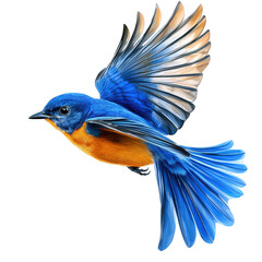 A vibrant bluebird in midflight, isolated on transparent background, showcasing its striking blue plumage and orange breast, wings spread wide against a clean backdrop