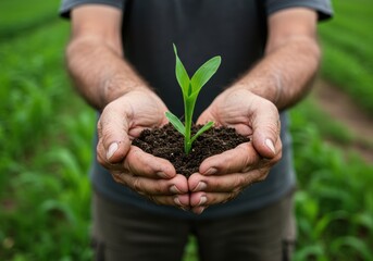 Fototapeta premium Hands cradling a young corn plant in fertile soil, symbolizing growth.