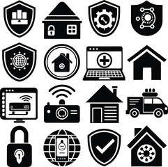Collection of security and home automation icons featuring shields locks houses and network devices for digital use