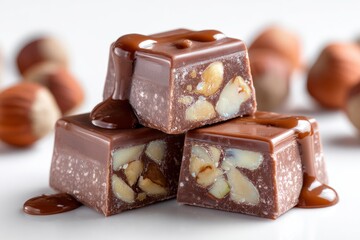 Stacked chocolate squares with nuts drizzled with caramel on a white surface Hazelnuts in the background