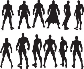 Collection of diverse superhero silhouettes standing in heroic poses against a white background representing strength and power © SaHeD