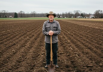 Farmer standing in a field with a shovel