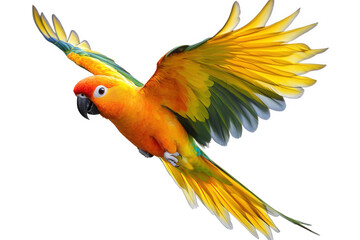 A vibrant sun conure parrot in midflight, showcasing its brilliant yellow and orange plumage, wings spread wide against an isolated on transparent background