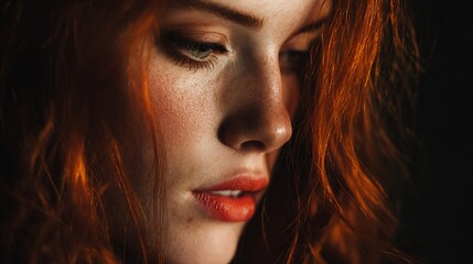 Fototapeta premium A close-up of a red-haired woman with a melancholic expression, lit artfully