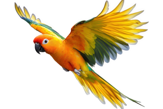 A vibrant sun conure parrot in midflight, showcasing its brilliant yellow and orange plumage, wings spread wide against an isolated on transparent background