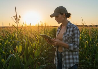 Farmer using a tablet in a cornfield at sunset
