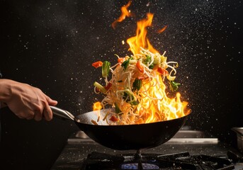 Chef tossing noodles in a wok with flames