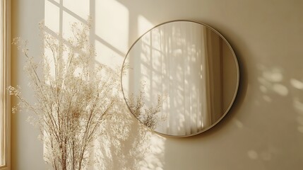 Ornate oval mirror with dried flowers isolated on white background
