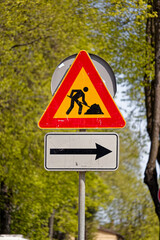European Orange Temporary Road Work Sign with Right Direction Arrow