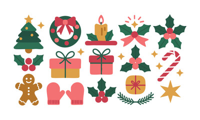 Holiday Icons Set Tree, Wreath, Gifts, and Ornaments Flat Vector Illustration, Set of Christmas hand-drawn elements. Cute holiday Xmas graphic icons. Wreath, Xmas tree, easily editable.