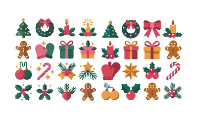 Naklejka premium Holiday Icons Set Tree, Wreath, Gifts, and Ornaments Flat Vector Illustration, Set of Christmas hand-drawn elements. Cute holiday Xmas graphic icons. Wreath, Xmas tree, easily editable.