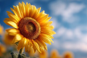 Sunflower bloom with bright yellow petals dark center against a blue sky with soft blurred clouds